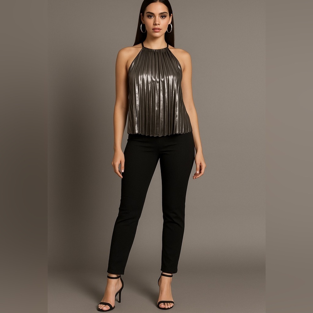 Adrienne Landau Onyx Metallic Pleated Halter Top – Size Small, New Without Tags